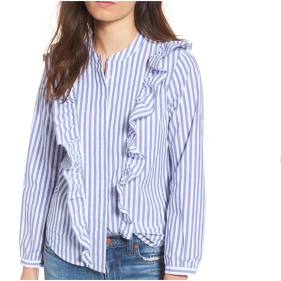 Madewell Tops - MADEWELL Women’s Classic Preppy Ruffle Blue Striped Long Sleeve Top